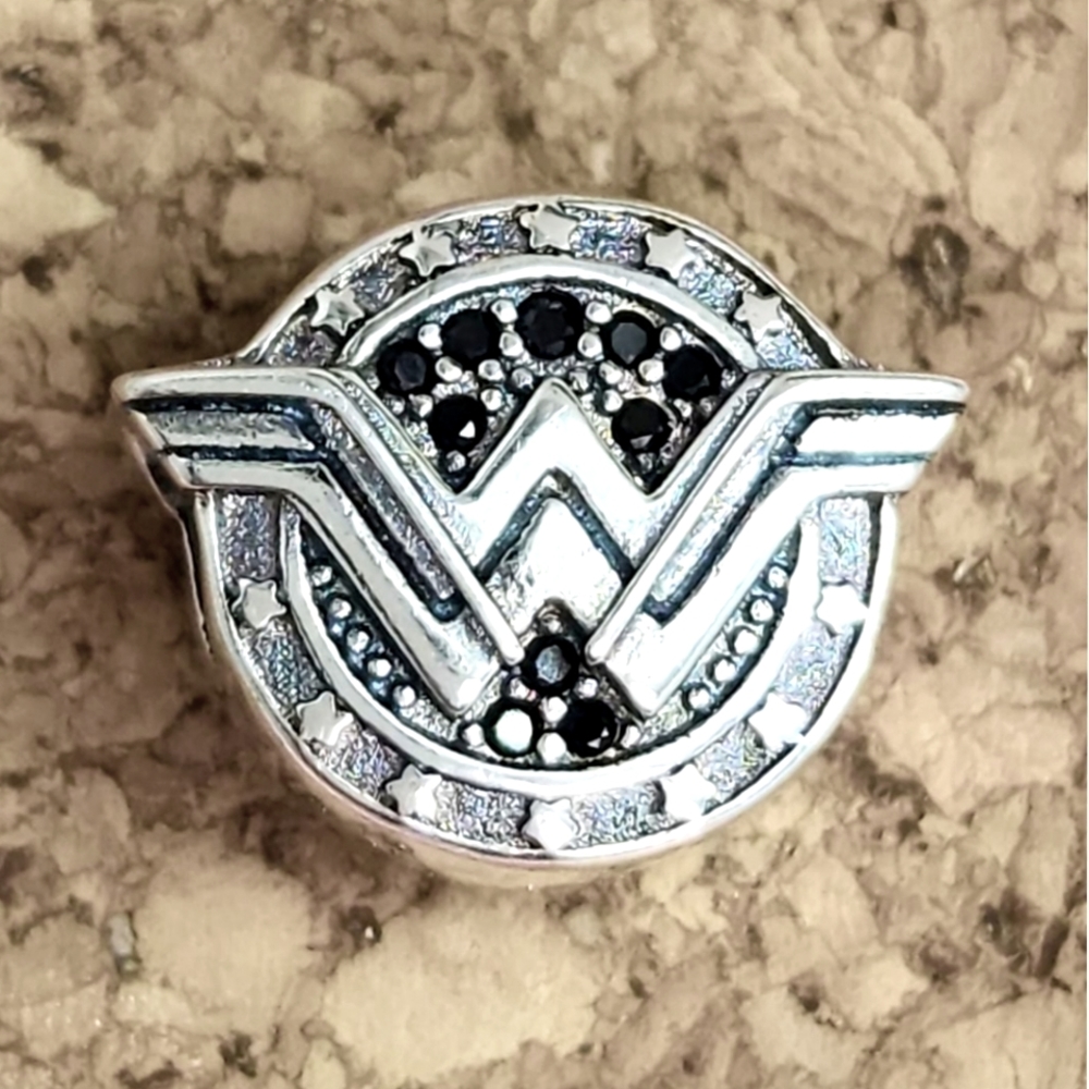 S925 Sterling Silver Wonder Woman Super Hero Black Crystal Charm Bead